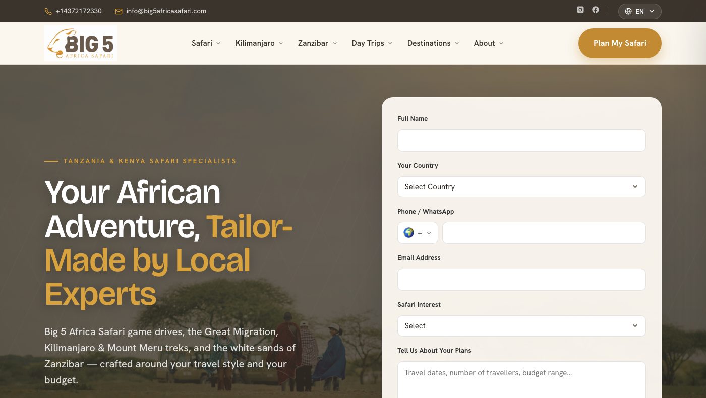 Big 5 Africa Safari live homepage, built and run on RafikiGuideAI's platform