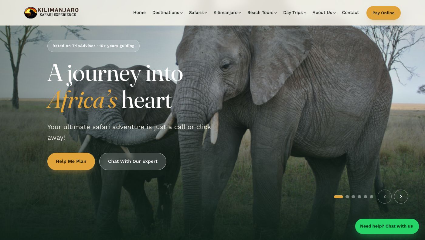 Kilimanjaro Safari Experience live homepage, built and run on RafikiGuideAI's platform